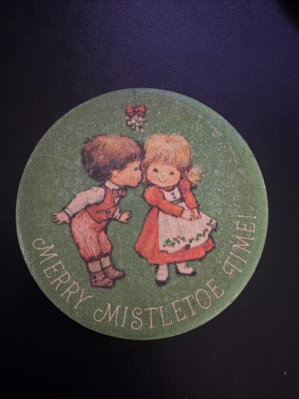 Hallmark Pin Button 2.25" Fabric Merry Mistletoe Time Christmas Girl Boy